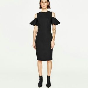 Zara Cold Shoulder Black Midi Dress Size L